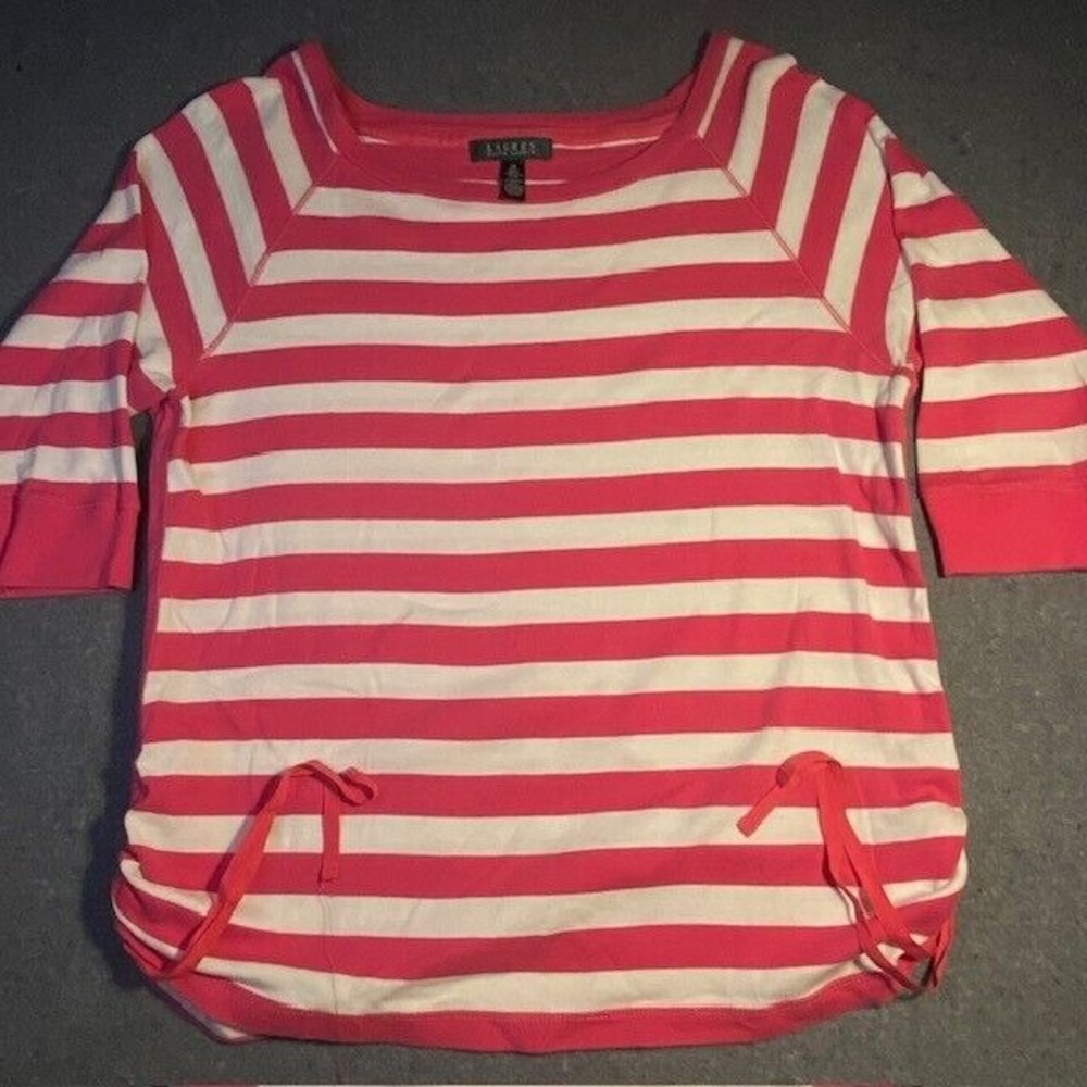 LAUREN‎ RALPH LAUREN Women's TOP pink & white 1X preppy 3/4 SLEEVE BOATNECK